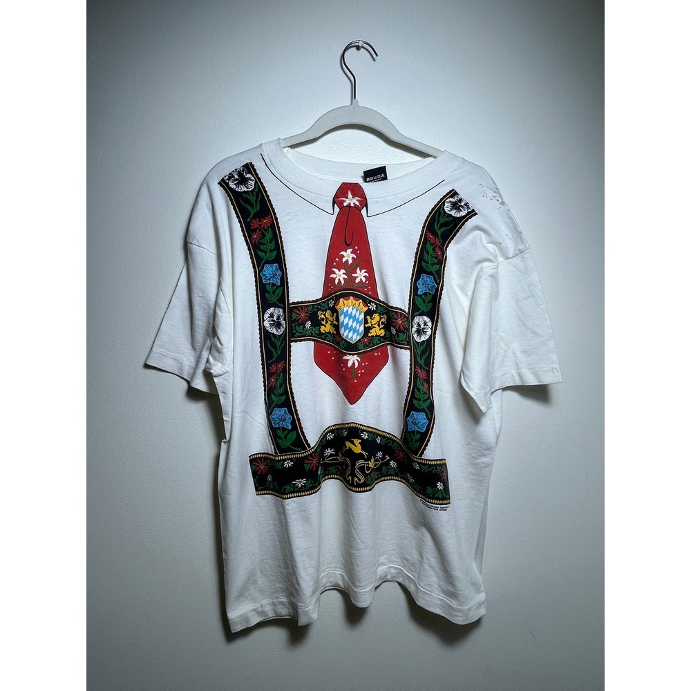 Vintage 90s Screen Stars Lederhosen T Shirt White Oktoberfest‎ Distressed USA
